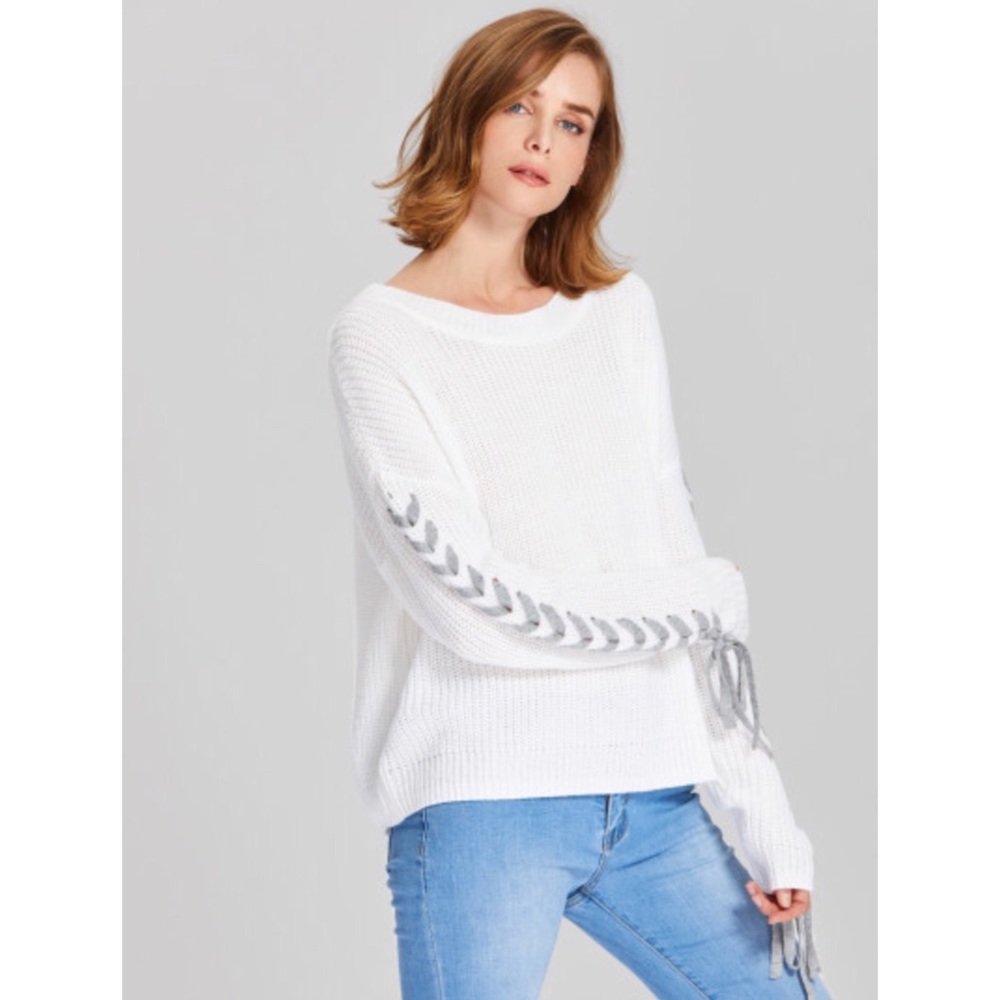 Drop Shoulder Lace Up Sleeve Sweater